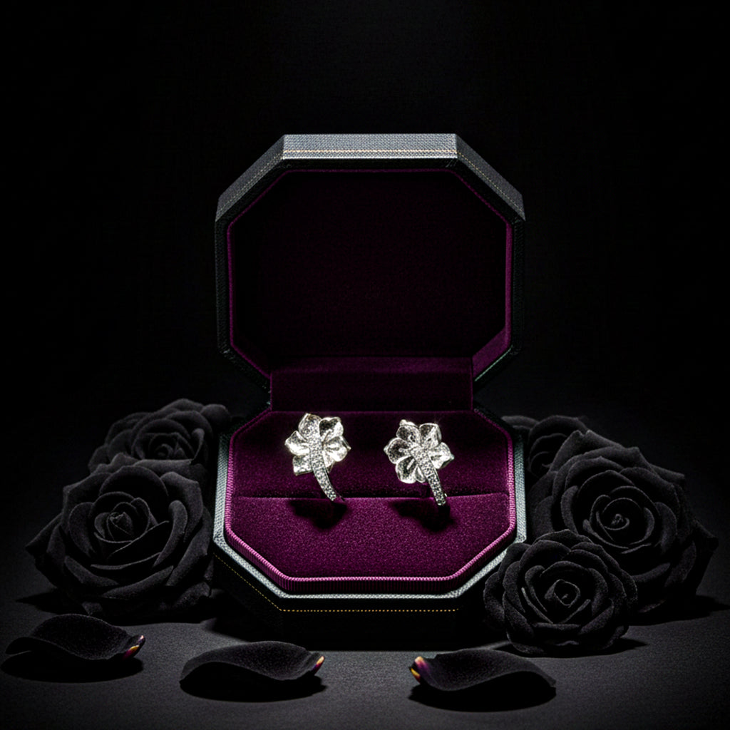 Curved Petal Diamond Silver Earrings