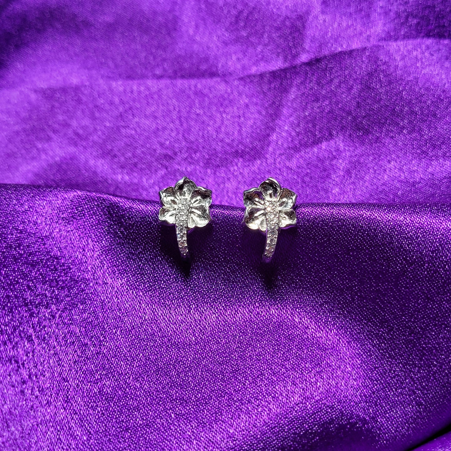 Curved Petal Diamond Silver Earrings
