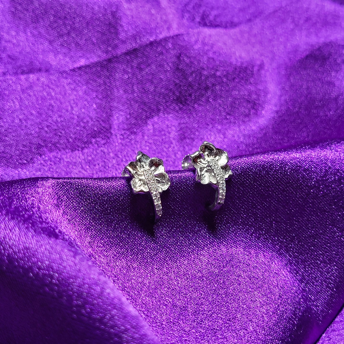 Curved Petal Diamond Silver Earrings