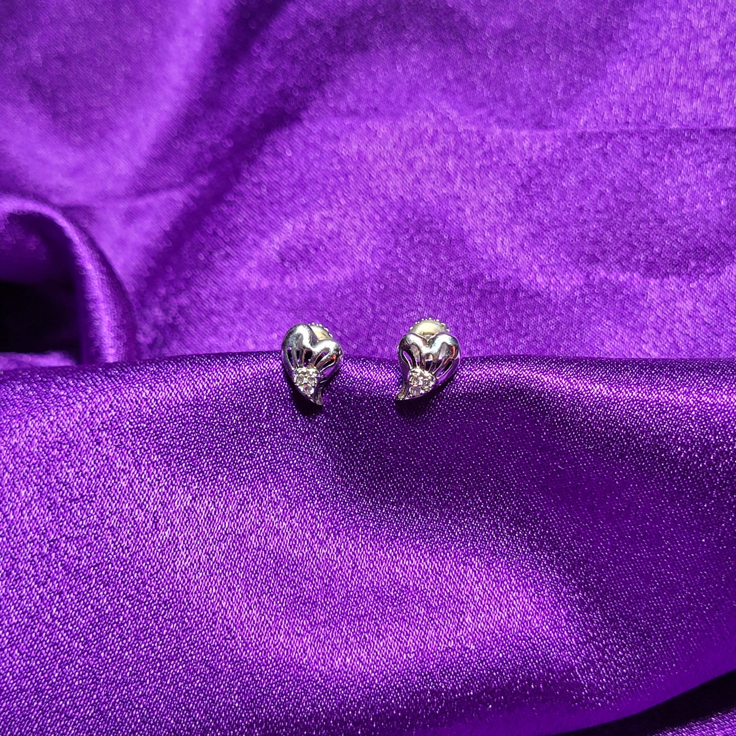 Heart & Wings Stud Earrings with White Gemstones