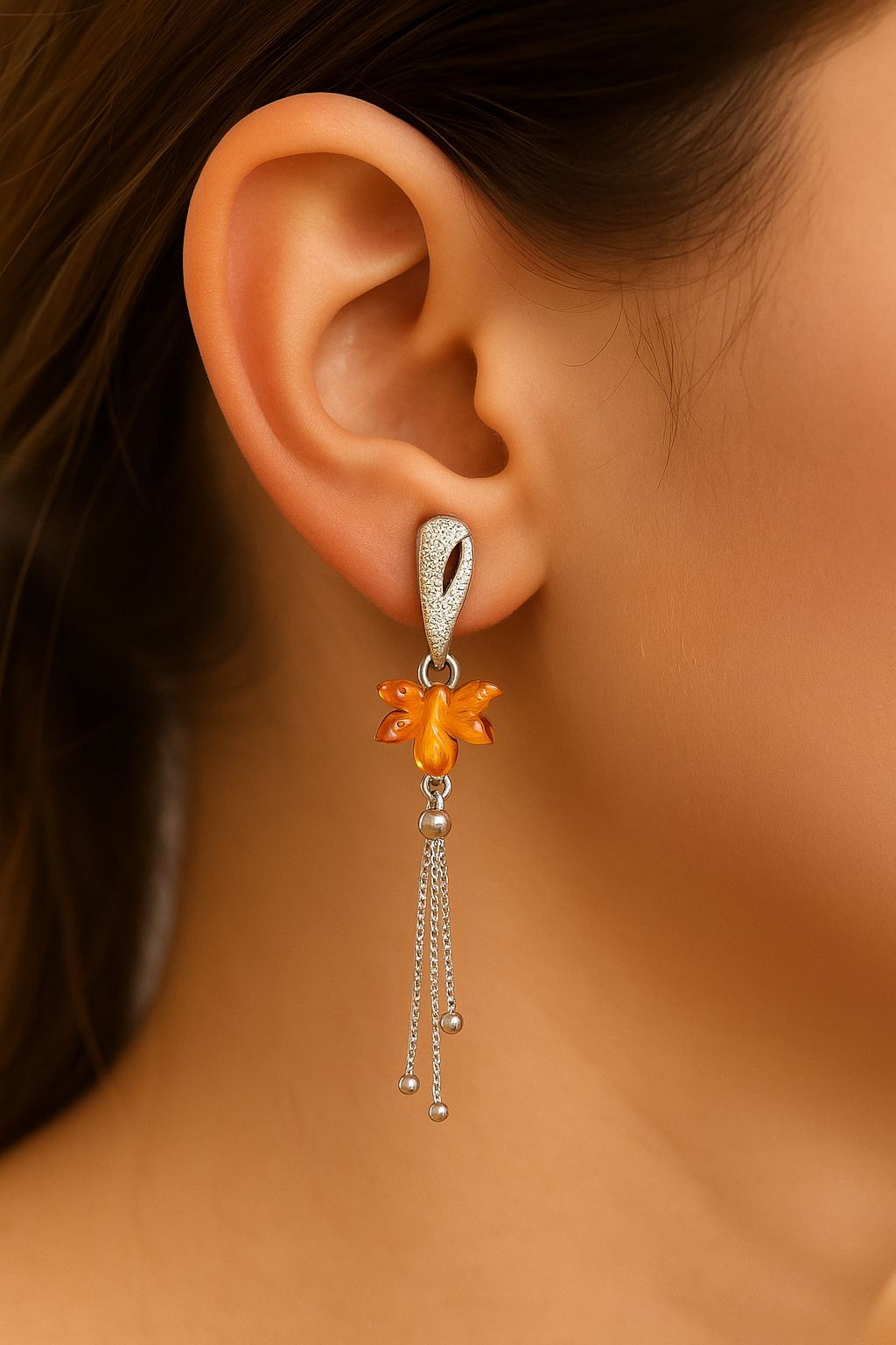 Floral Silver Hanging Earrings With Dangle Chains