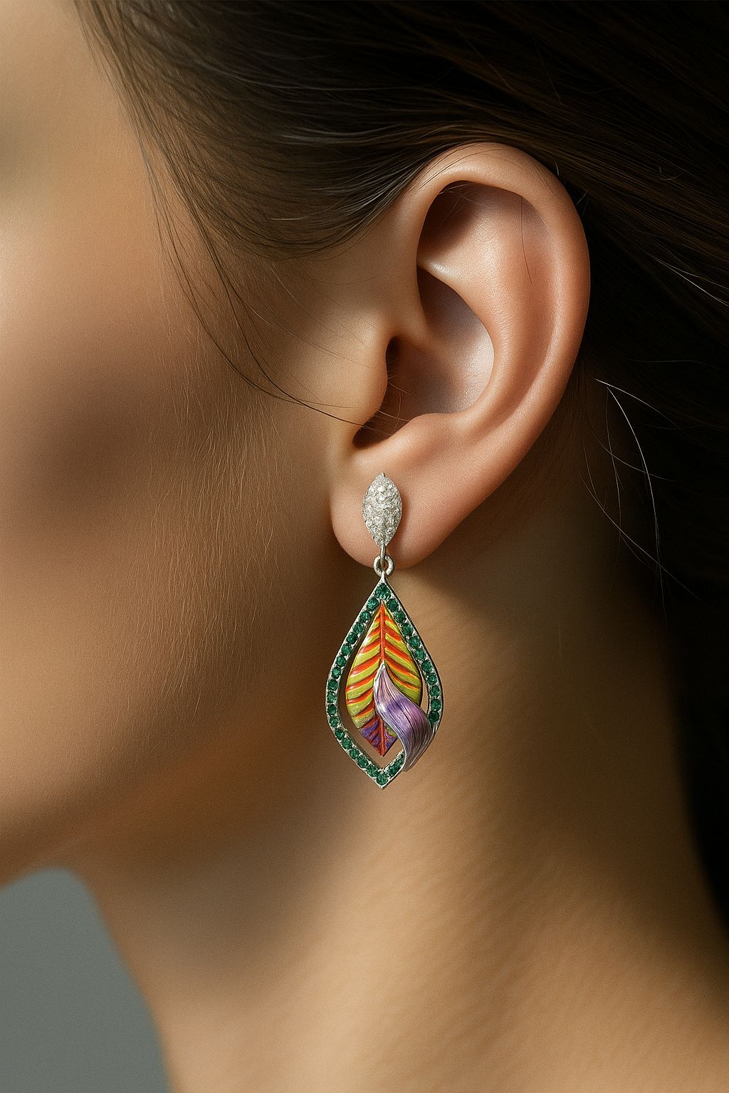 Leaf Inspired Green & Silver Dangle Earrings