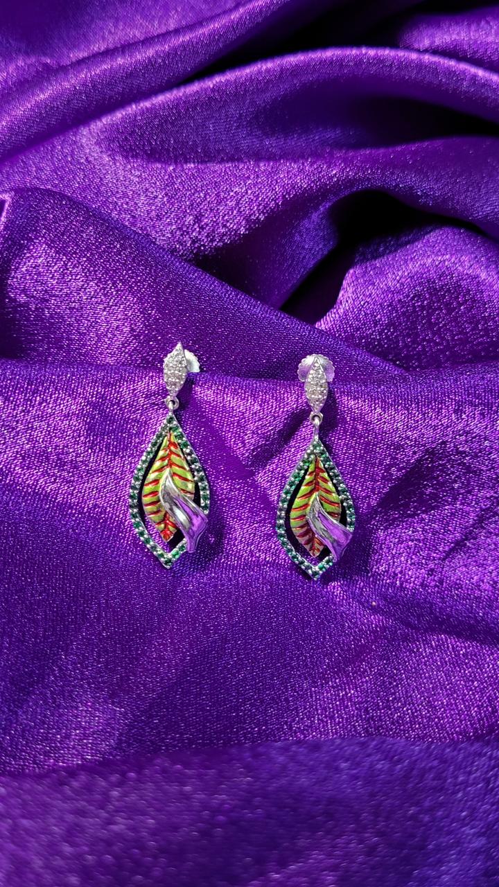 Leaf Inspired Green & Silver Dangle Earrings