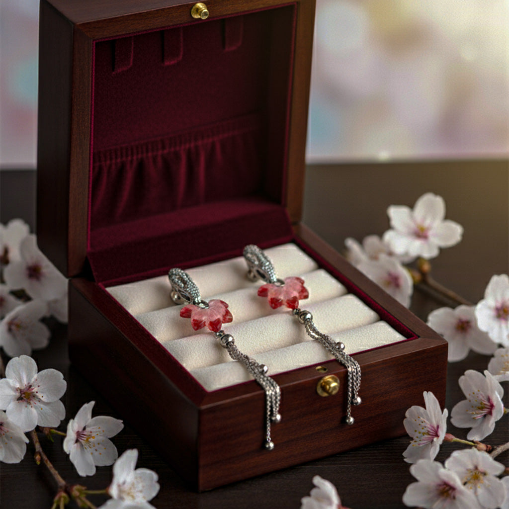 Pink Floral Silver Hanging Earrings With Dangle Chains