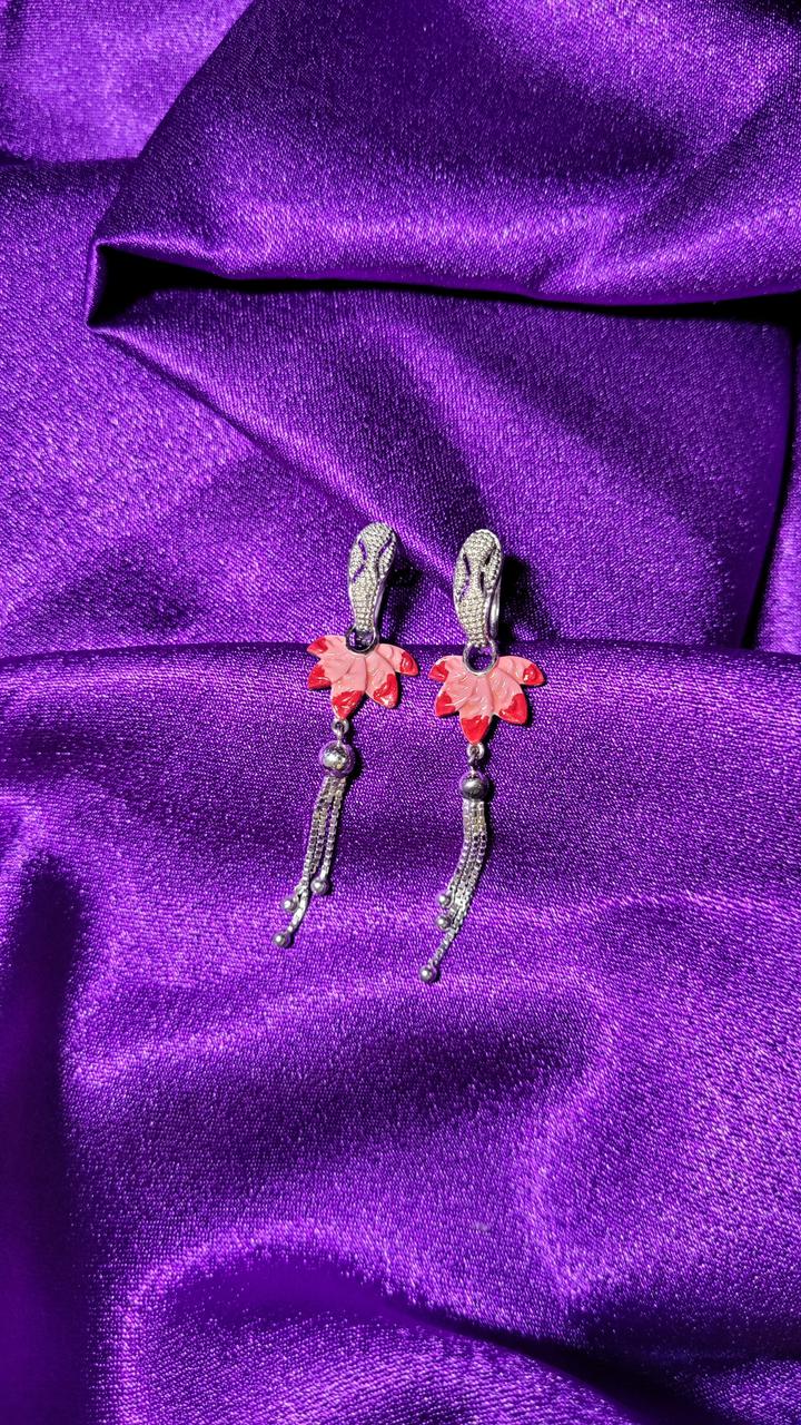 Pink Floral Silver Hanging Earrings With Dangle Chains