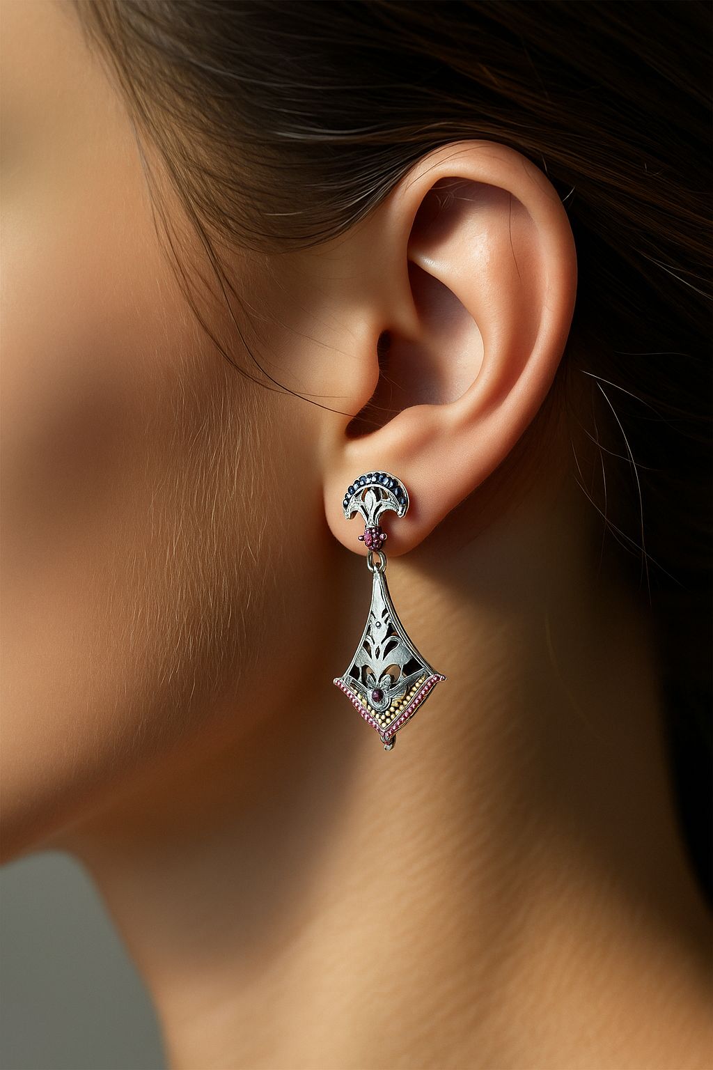 Elegant Silver Pink & Blue Gemstone Earrings