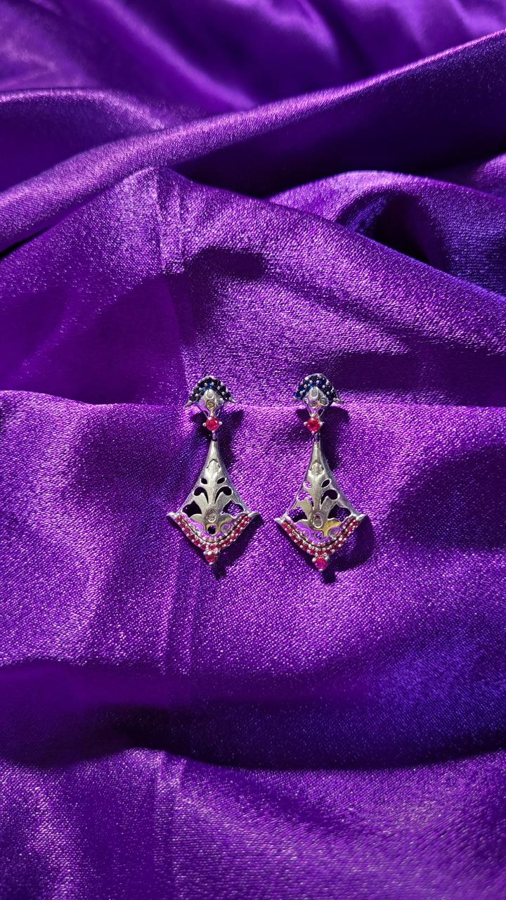 Elegant Silver Pink & Blue Gemstone Earrings