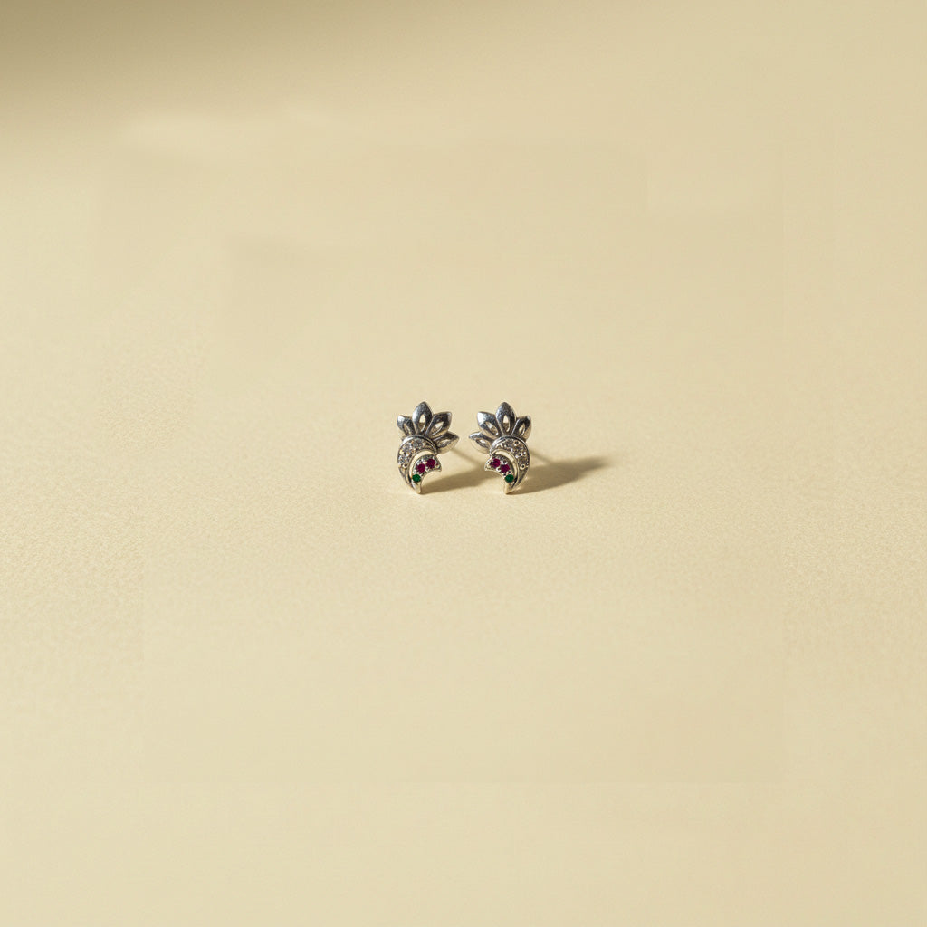 Crescent Moon & Floral Stud Earrings with Ruby & White Gemstones