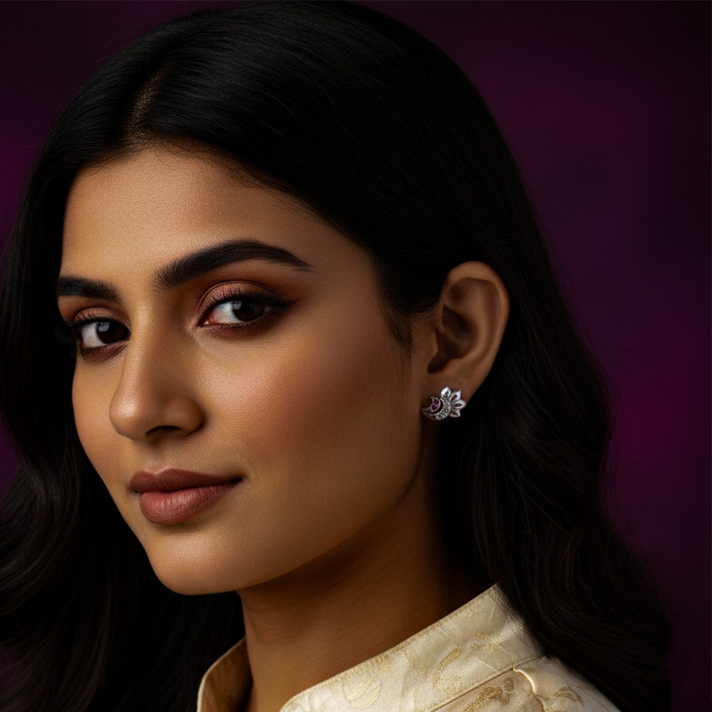 Crescent Moon & Floral Stud Earrings with Ruby & White Gemstones