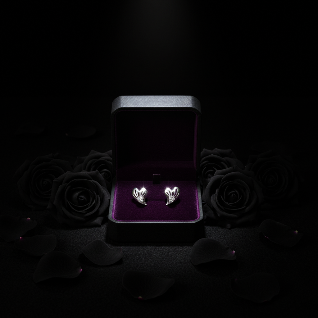 Heart & Wings Stud Earrings with White Gemstones