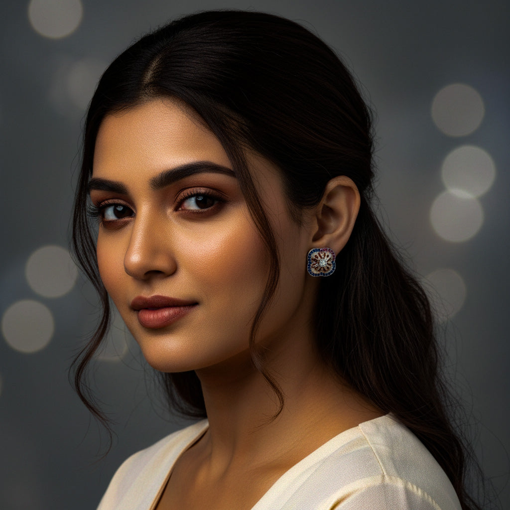 Enamel Flower Stud Earrings with Blue & Pink Gemstones