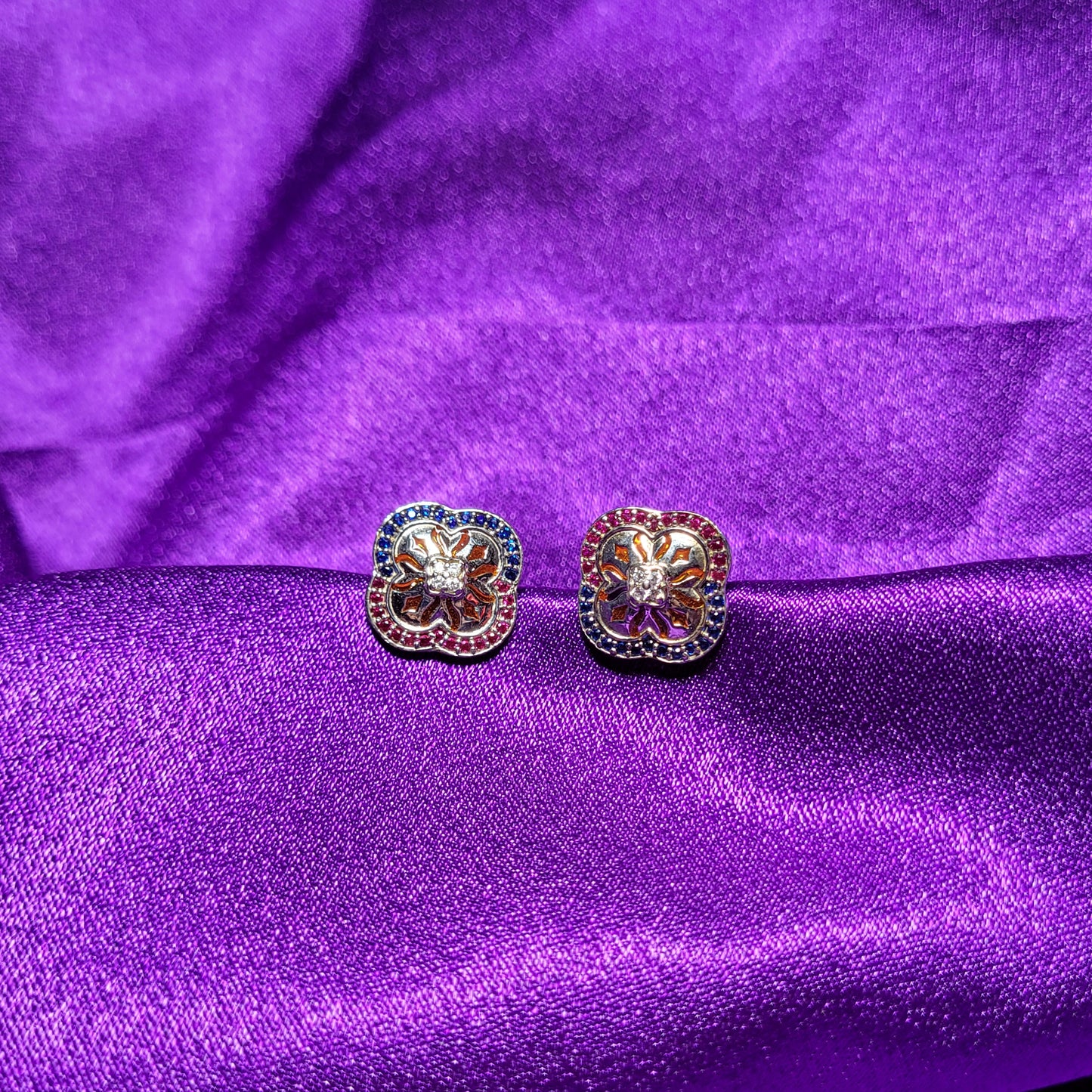 Enamel Flower Stud Earrings with Blue & Pink Gemstones