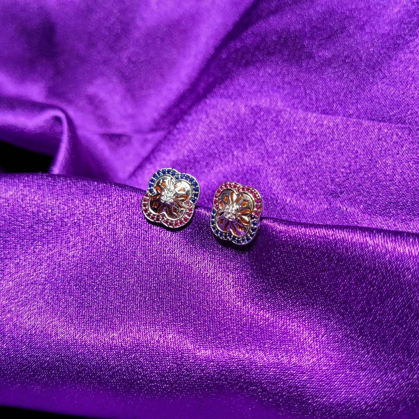 Enamel Flower Stud Earrings with Blue & Pink Gemstones