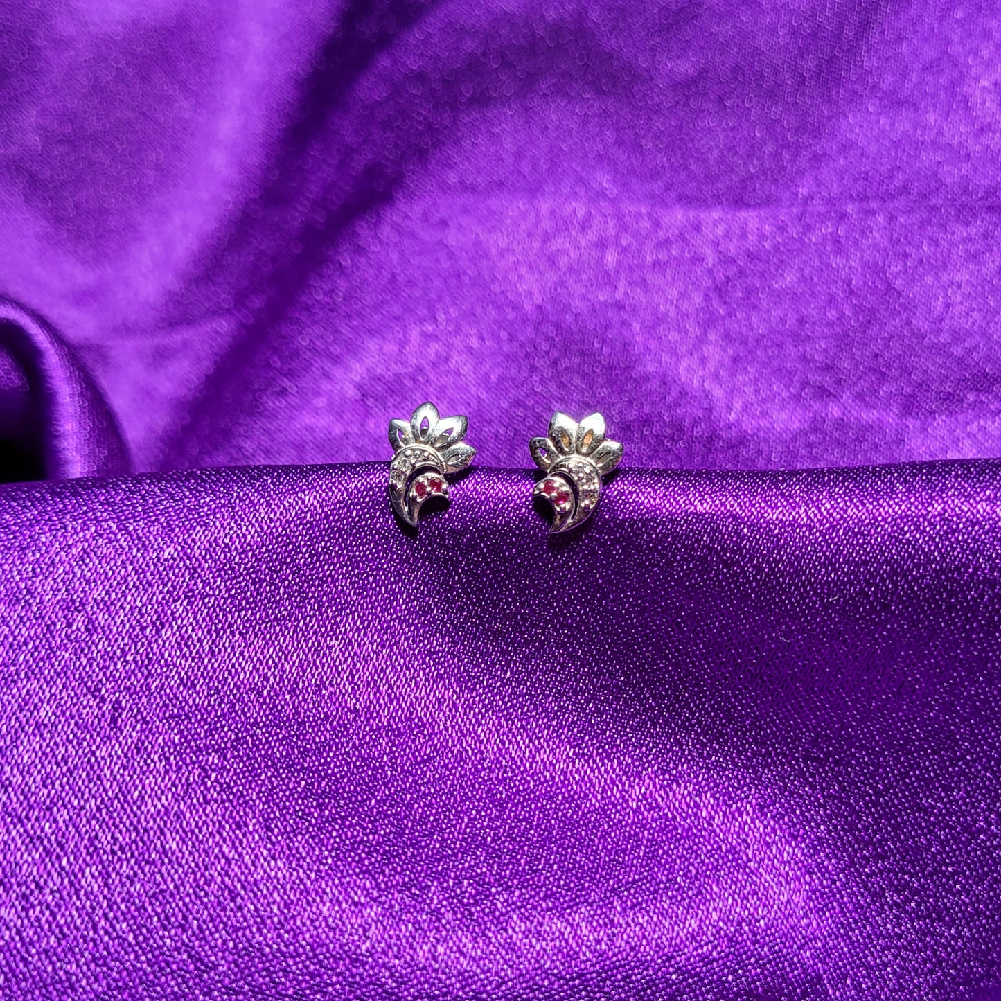 Crescent Moon & Floral Stud Earrings with Ruby & White Gemstones