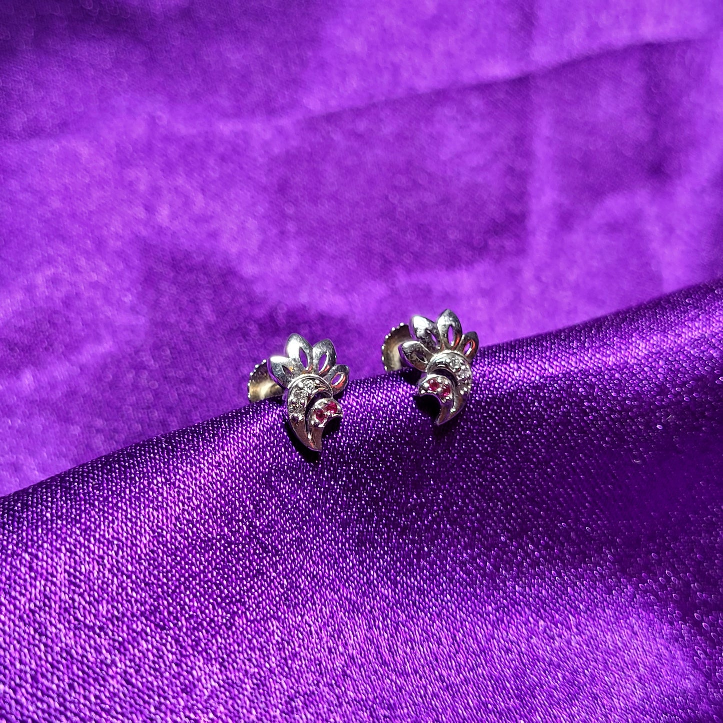 Crescent Moon & Floral Stud Earrings with Ruby & White Gemstones