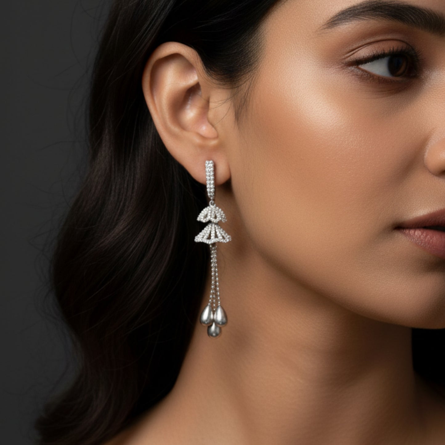 Crystal Jhumka Earrings With Dangle Beads