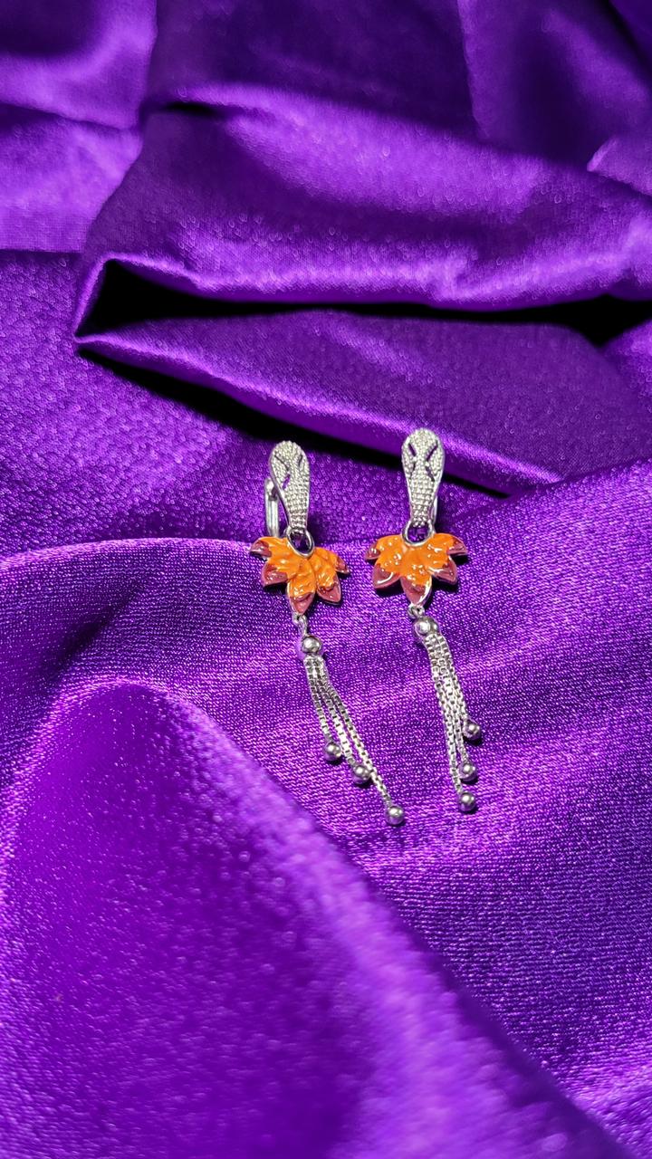Floral Silver Hanging Earrings With Dangle Chains
