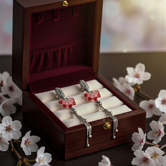 Pink Floral Silver Hanging Earrings With Dangle Chains