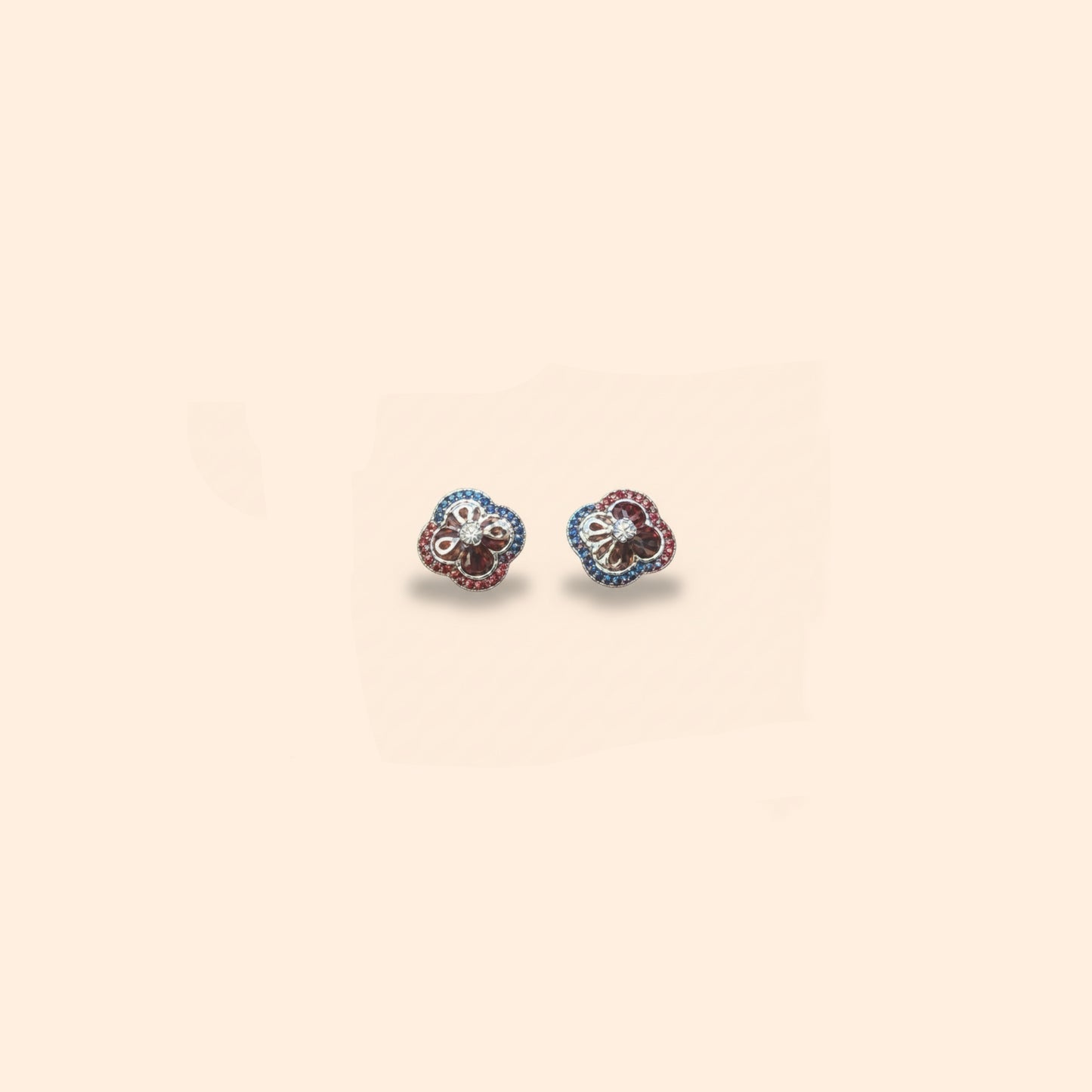 Enamel Flower Stud Earrings with Blue & Pink Gemstones