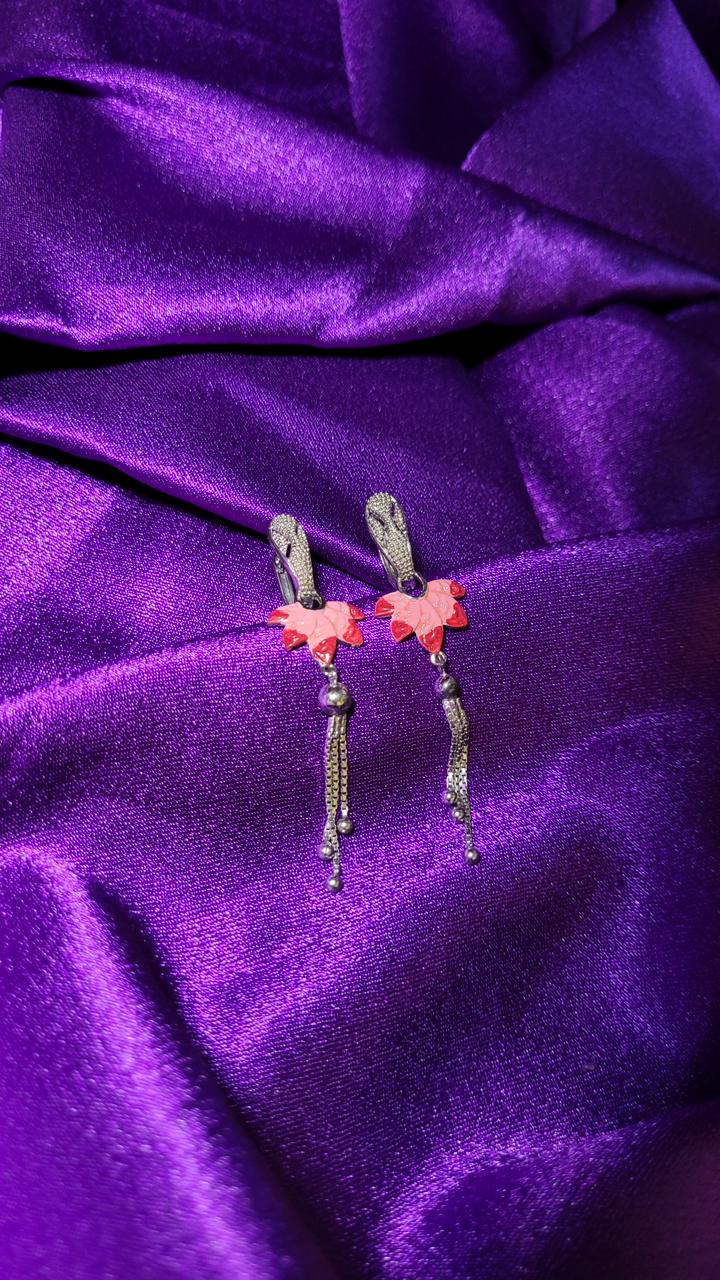 Pink Floral Silver Hanging Earrings With Dangle Chains