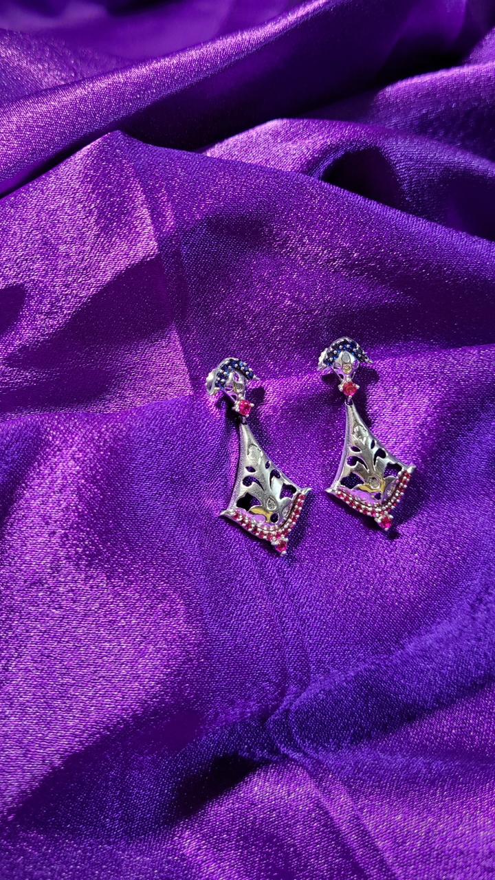 Elegant Silver Pink & Blue Gemstone Earrings