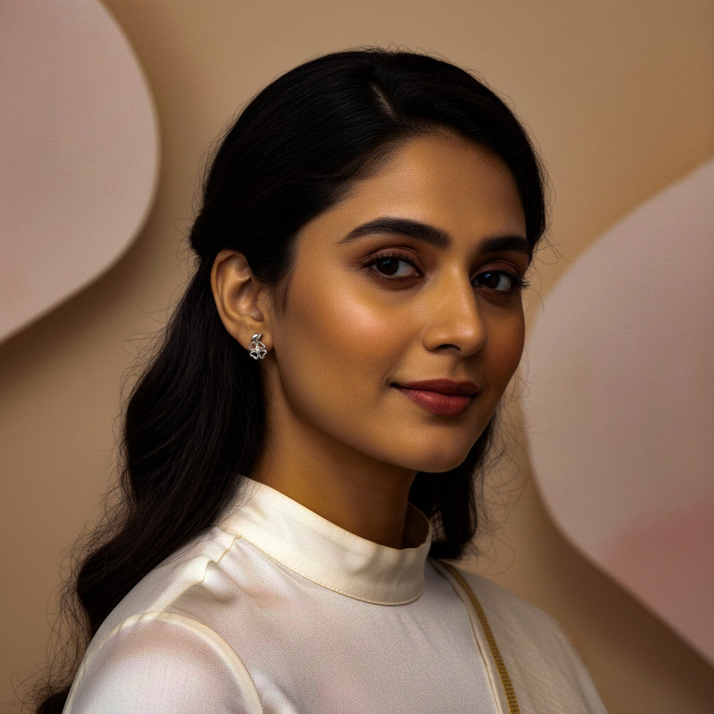 Silver Floral Stud Earrings with transparent curves