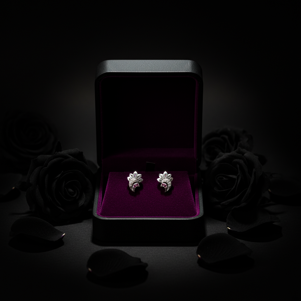 Crescent Moon & Floral Stud Earrings with Ruby & White Gemstones